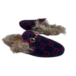 Gucci Princetown Horsebit GG Monogram Fur Lined Wool Flat Mules Navy Red Size 37